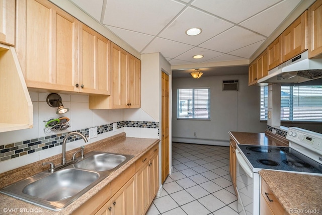 kitchen with a drop ceiling, white electric range, sink, light tile patterned floors, and baseboard heating