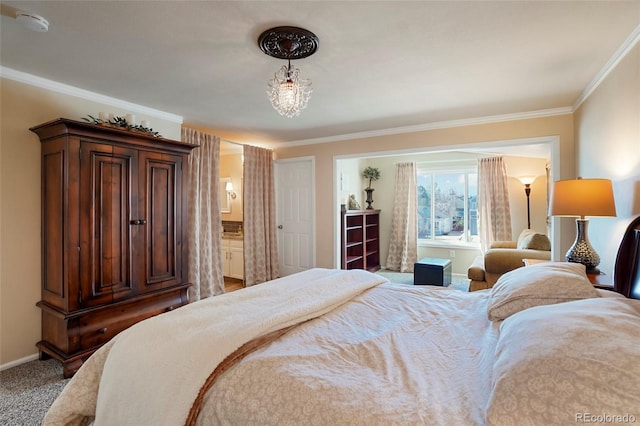 bedroom with carpet, crown molding, and baseboards