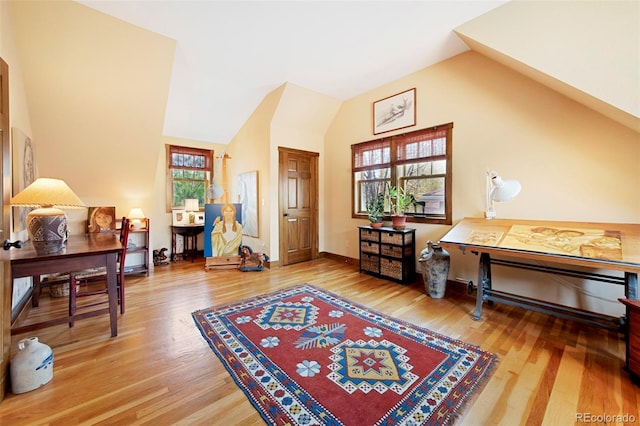 foyer entrance featuring lofted ceiling, wood finished floors, and a wealth of natural light