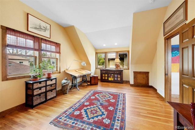 sitting room with baseboards, recessed lighting, wood finished floors, and visible vents