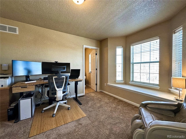 office space with a textured ceiling and carpet floors