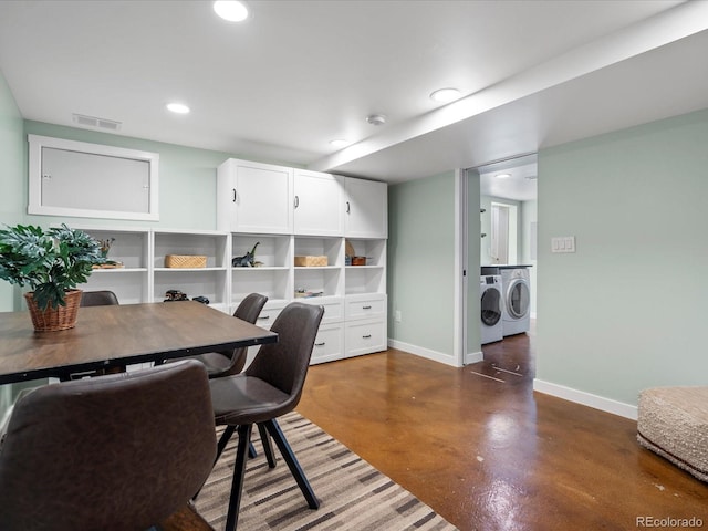 office with finished concrete flooring, baseboards, visible vents, washer and clothes dryer, and recessed lighting