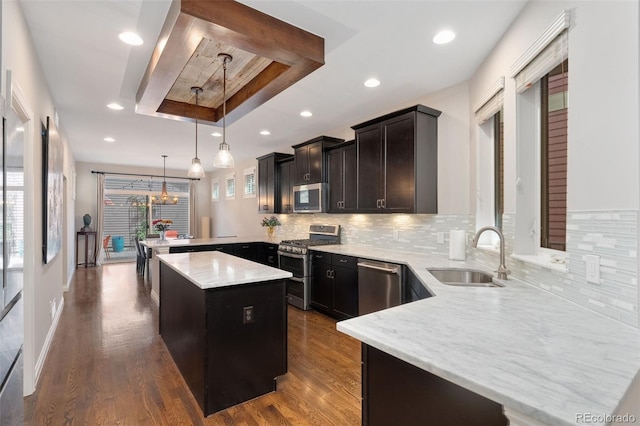 kitchen with a peninsula, a center island, a tray ceiling, a sink, and appliances with stainless steel finishes