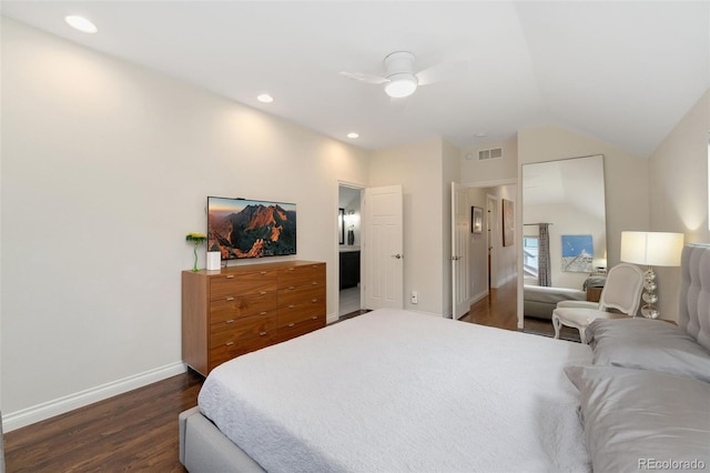 bedroom featuring visible vents, vaulted ceiling, baseboards, recessed lighting, and dark wood-type flooring
