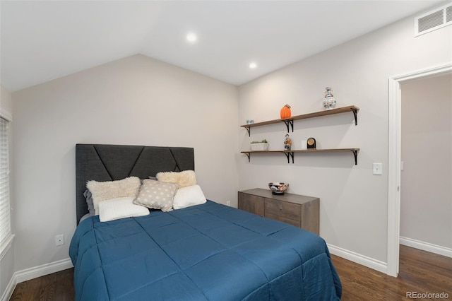 bedroom featuring visible vents, baseboards, recessed lighting, dark wood-type flooring, and vaulted ceiling