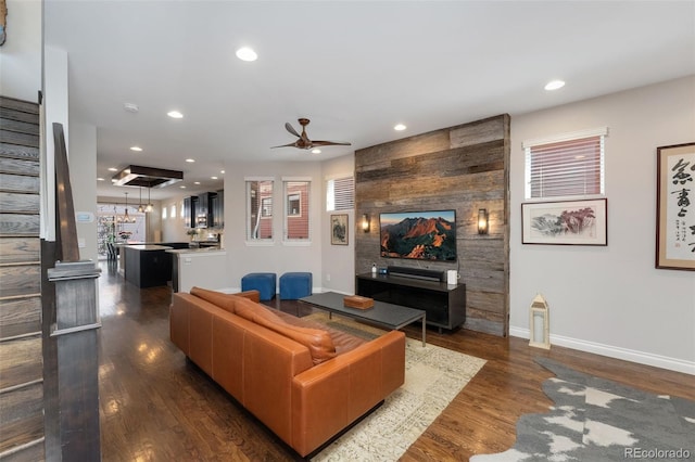 2222 N Washington St, Denver, CO 80205 - living room with ceiling fan, dark wood-type flooring, recessed lighting, baseboards, and stairs