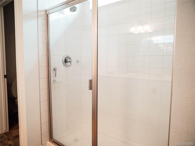 bathroom with toilet and a shower stall