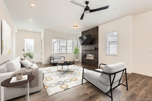 6791 Navajo Ct, Denver, CO 80221 - living room with ceiling fan, wood finished floors, baseboards, and recessed lighting