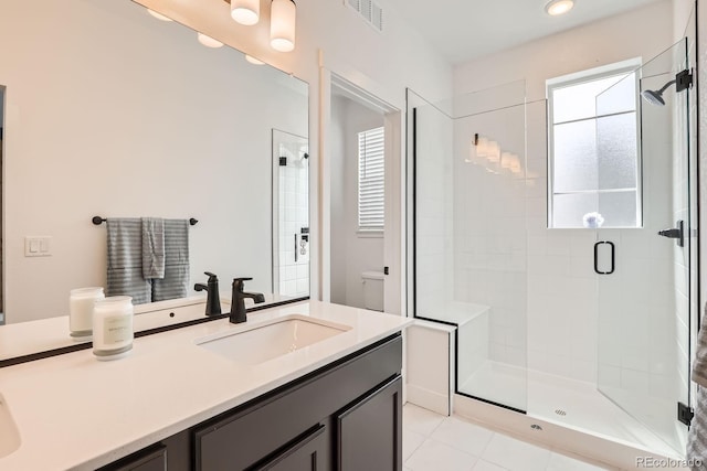 6791 Navajo Ct, Denver, CO 80221 - full bathroom with toilet, a stall shower, vanity, and tile patterned flooring