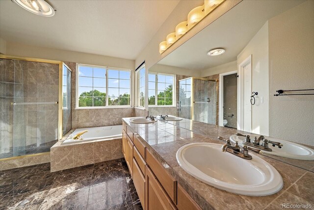 9602 Indian Wells Dr, Lone Tree, CO 80124 - full bathroom featuring double vanity, a bath, a shower stall, marble finish floors, and toilet