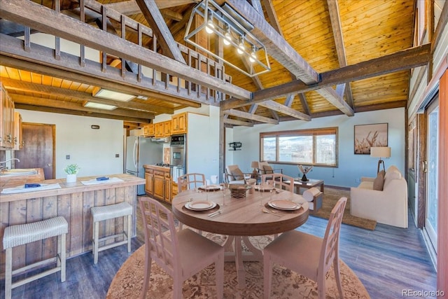 dining area with high vaulted ceiling, wooden ceiling, dark wood-style floors, and beam ceiling