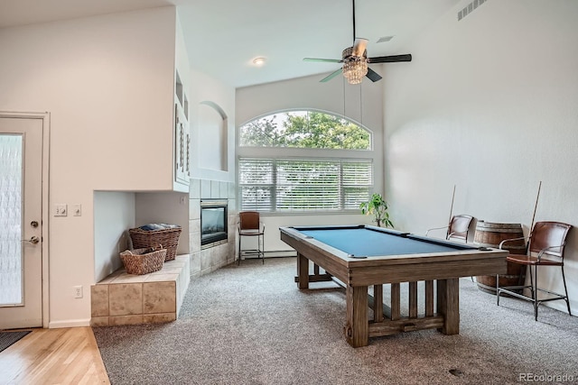 1851 S Marshall Cir, Lakewood, CO 80232 - playroom featuring billiards, a fireplace, ceiling fan, a towering ceiling, and carpet