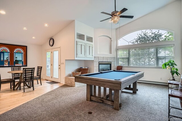 1851 S Marshall Cir, Lakewood, CO 80232 - rec room with plenty of natural light, high vaulted ceiling, pool table, carpet, and a ceiling fan