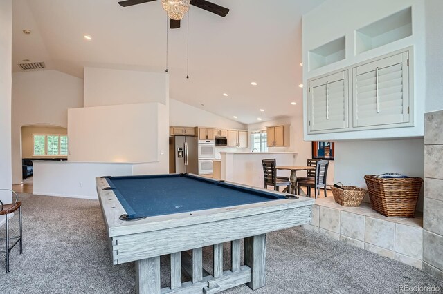 1851 S Marshall Cir, Lakewood, CO 80232 - playroom featuring vaulted ceiling, light carpet, billiards table, a ceiling fan, and recessed lighting