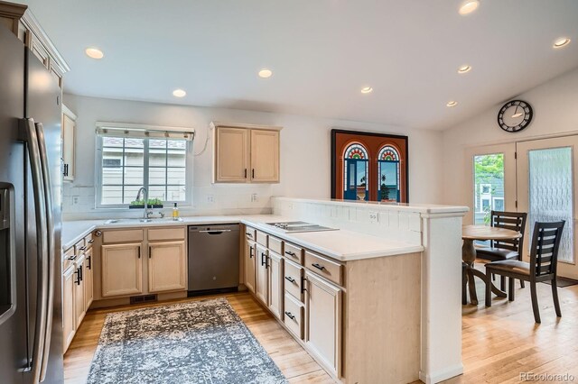 1851 S Marshall Cir, Lakewood, CO 80232 - kitchen with stainless steel appliances, a sink, a peninsula, light wood finished floors, and light countertops