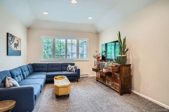 1851 S Marshall Cir, Lakewood, CO 80232 - living area featuring carpet, baseboard heating, baseboards, recessed lighting, and vaulted ceiling
