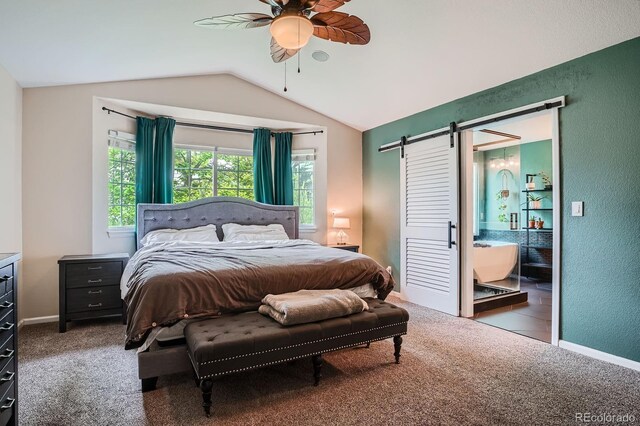 1851 S Marshall Cir, Lakewood, CO 80232 - carpeted bedroom featuring a barn door, lofted ceiling, a ceiling fan, and baseboards