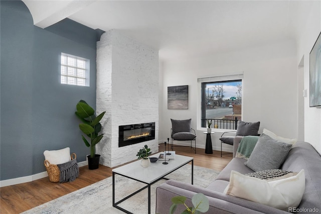 living room featuring a fireplace, wood finished floors, and baseboards