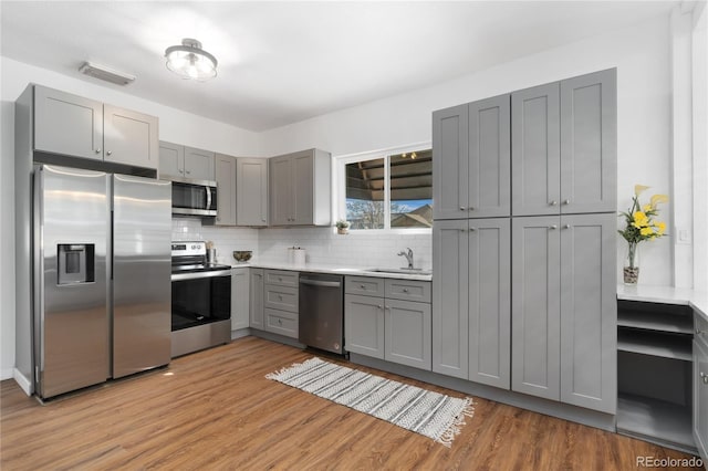 kitchen with decorative backsplash, gray cabinetry, appliances with stainless steel finishes, a sink, and light wood-type flooring