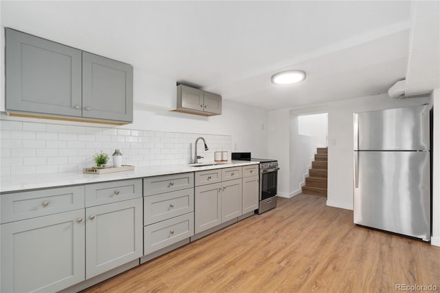 kitchen with gray cabinetry, a sink, light wood-style floors, appliances with stainless steel finishes, and backsplash