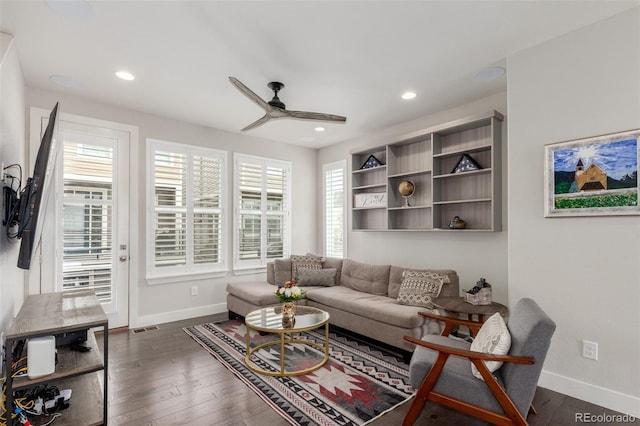 15843 E Broncos Pl, Englewood, CO 80112 - living area featuring a ceiling fan, plenty of natural light, baseboards, dark wood-type flooring, and recessed lighting