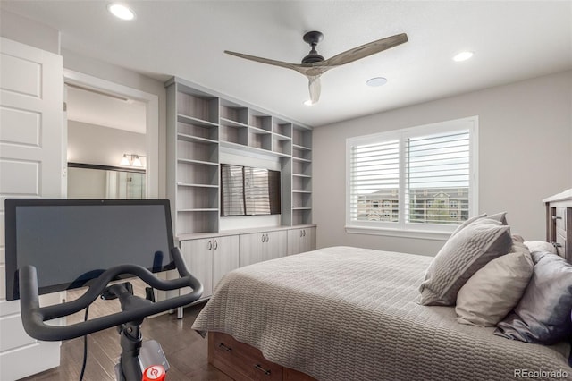 15843 E Broncos Pl, Englewood, CO 80112 - bedroom with dark wood-type flooring, recessed lighting, and a ceiling fan