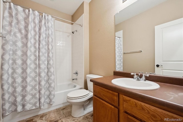 full bathroom featuring vanity, tile patterned floors, toilet, and shower / bath combo with shower curtain