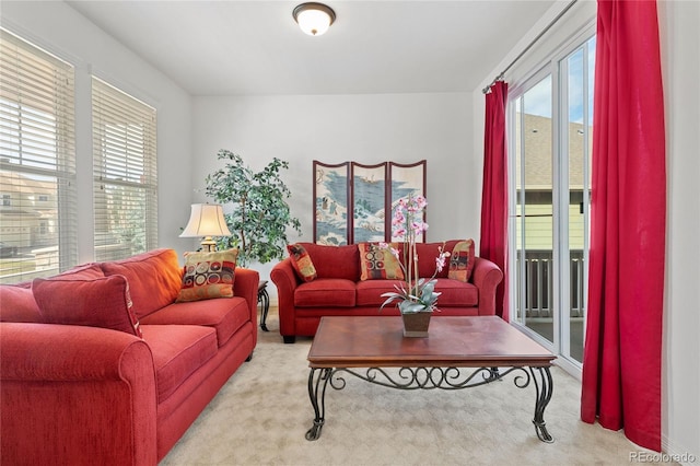 living room with light colored carpet