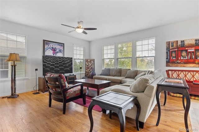 living room featuring ceiling fan and light hardwood / wood-style flooring