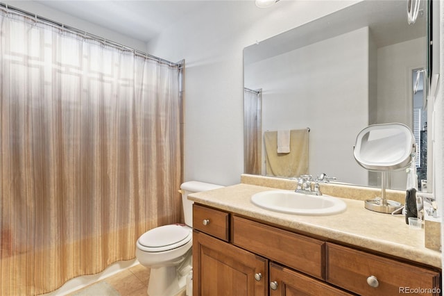 full bathroom with toilet, vanity, shower / bath combo with shower curtain, and tile patterned floors