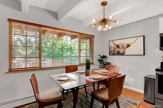 dining space featuring baseboards, a baseboard radiator, an inviting chandelier, beamed ceiling, and light wood-type flooring