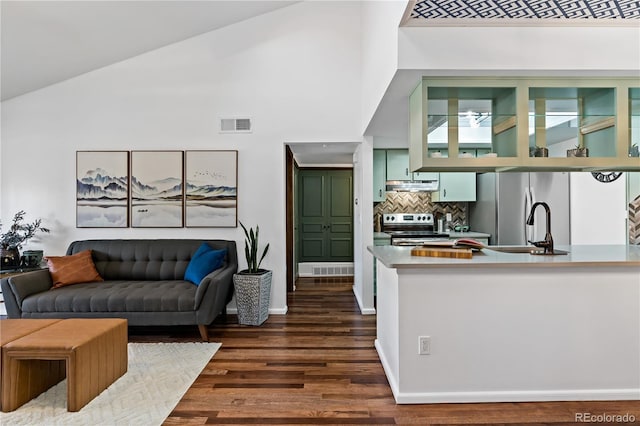 kitchen with appliances with stainless steel finishes, dark wood finished floors, under cabinet range hood, decorative backsplash, and a sink