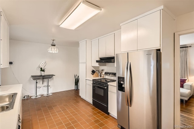 kitchen featuring under cabinet range hood, black range with electric stovetop, white cabinets, stainless steel fridge with ice dispenser, and decorative backsplash