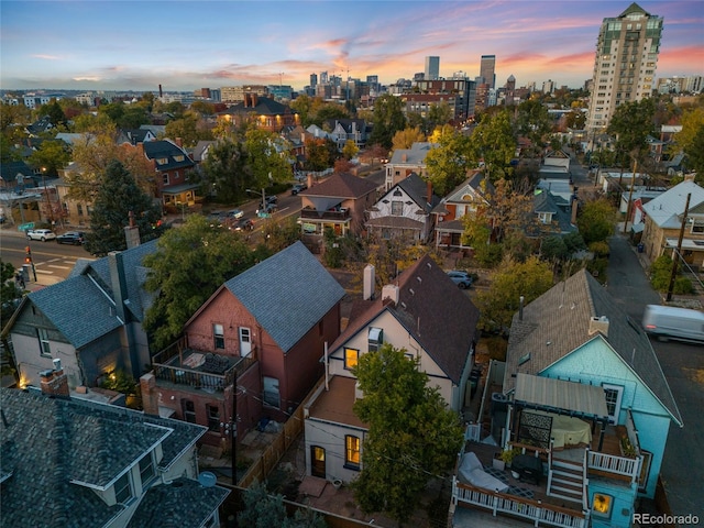 view of aerial view at dusk