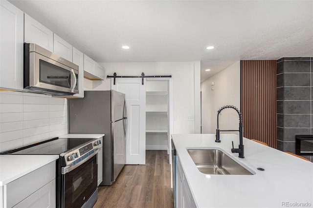 kitchen with a sink, tasteful backsplash, wood finished floors, a barn door, and appliances with stainless steel finishes