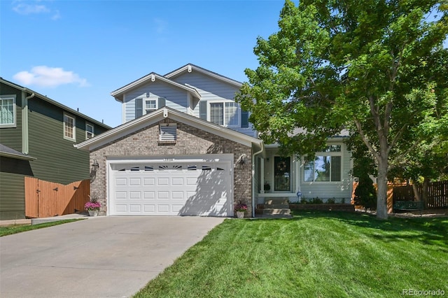 traditional home with concrete driveway, brick siding, and a garage