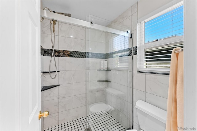 full bathroom with toilet and a stall shower