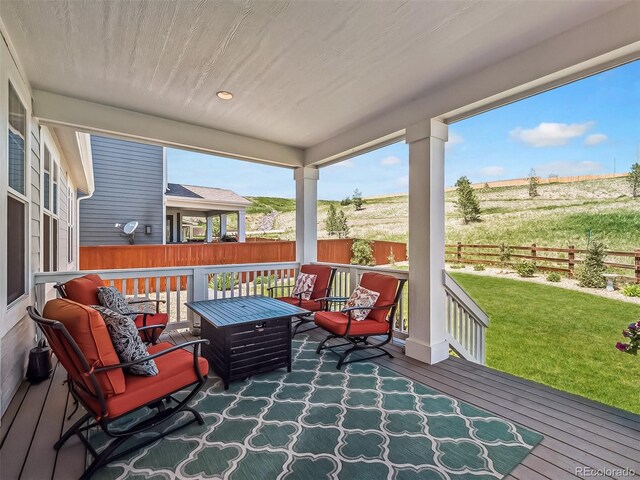 6174 Flattop St, Golden, CO 80403 - wooden terrace featuring an outdoor hangout area and a view of countryside