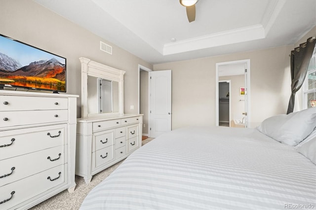 6174 Flattop St, Golden, CO 80403 - bedroom with a tray ceiling, a ceiling fan, and ornamental molding