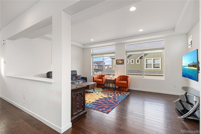 office space featuring dark hardwood / wood-style floors and a raised ceiling