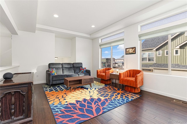 living room featuring dark hardwood / wood-style floors and a tray ceiling