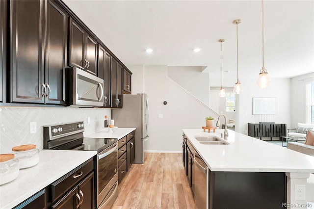 6041 N Orleans St, Aurora, CO 80019 - kitchen with appliances with stainless steel finishes, a sink, an island with sink, light wood finished floors, and backsplash