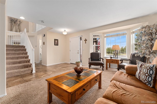 1825 Cooper Ct, Castle Rock, CO 80109 - living room with stairway, baseboards, carpet floors, and tile patterned flooring