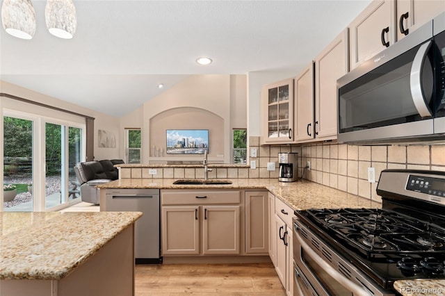 1825 Cooper Ct, Castle Rock, CO 80109 - kitchen featuring appliances with stainless steel finishes, a sink, a peninsula, light wood finished floors, and light stone counters