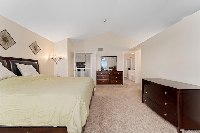 1825 Cooper Ct, Castle Rock, CO 80109 - bedroom featuring vaulted ceiling, light colored carpet, and connected bathroom