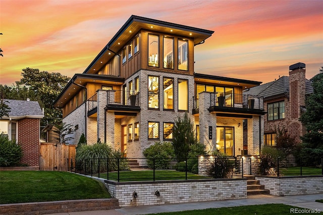 contemporary house featuring a balcony and a yard