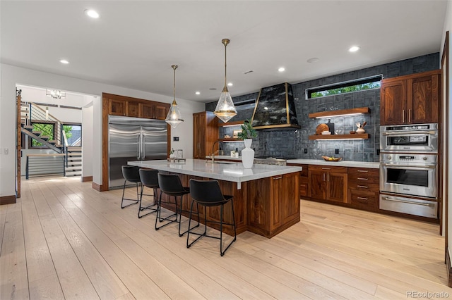 kitchen with appliances with stainless steel finishes, premium range hood, light wood-type flooring, sink, and an island with sink