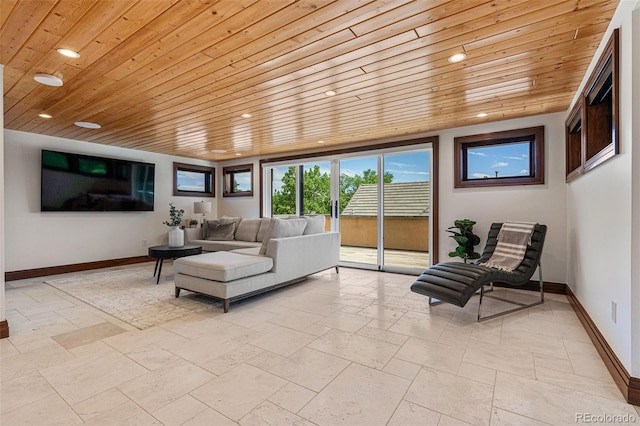 living room featuring wooden ceiling