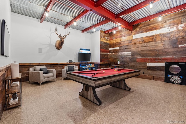 game room featuring billiards, wood walls, and beamed ceiling