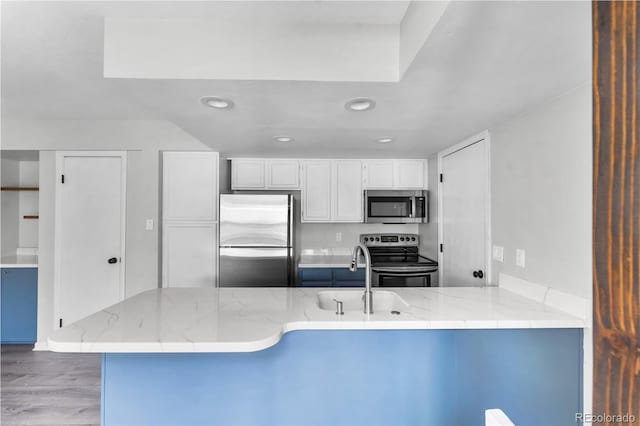 1740 S Ammons St Unit C, Lakewood, CO 80232 - kitchen with appliances with stainless steel finishes, a sink, wood finished floors, light stone countertops, and recessed lighting